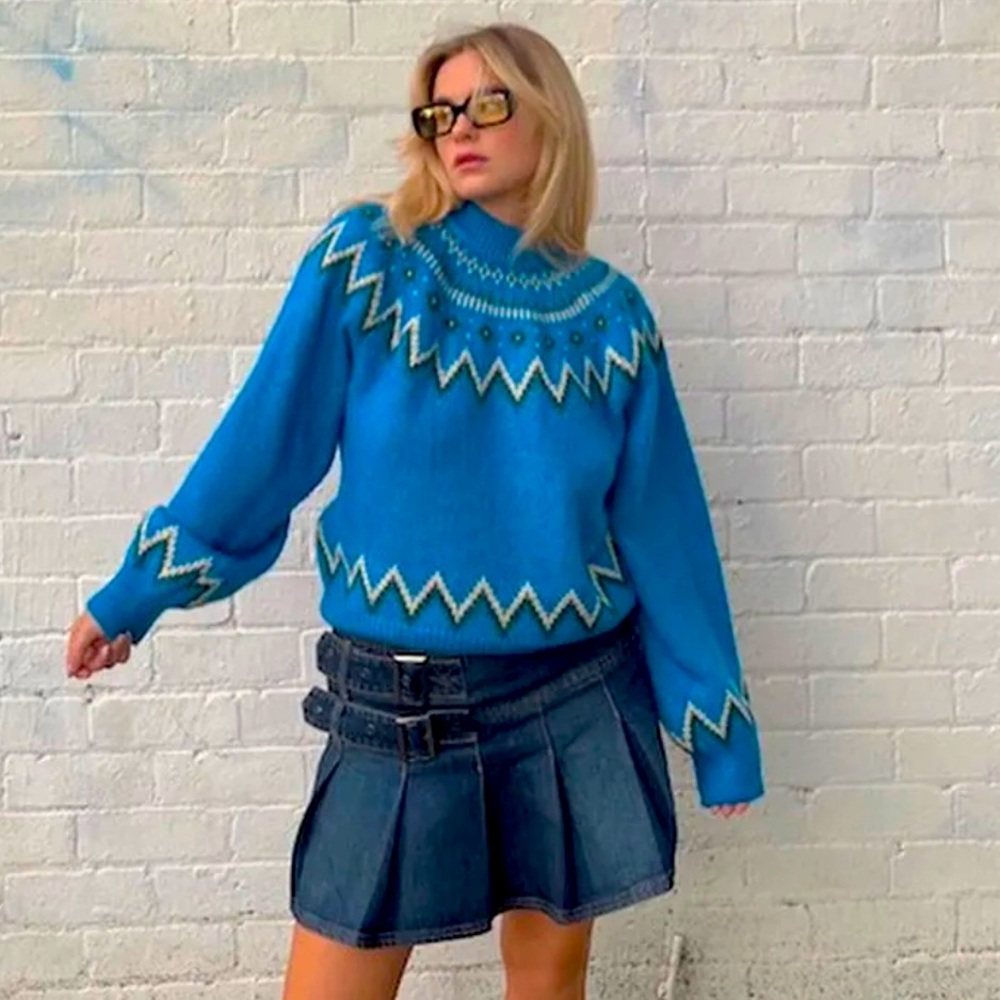 NWT! WHO WHAT WEAR ~ Gorgeous Fair Isle Ibiza Blue Pullover Sweater ~ Size Small - Picture 1 of 5